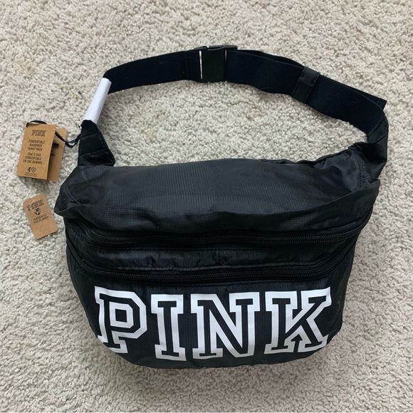 NWT! Victorias Secret PINK Black NYLON Convertible WAIST BAG Backpack PURSE - Picture 1 of 7